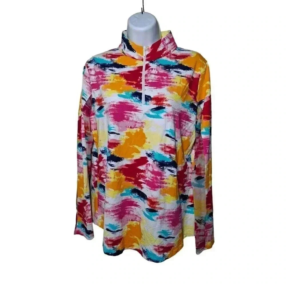 ibkul Sun Protection Shirt Top L 1/4 Zip Mock Colorful mesh detail perfect!